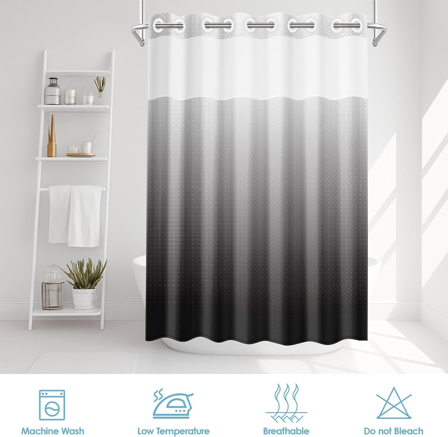 No Hook Shower Curtain with Snap in Fabric Liner Set, Waffle Weave Ombre Black Modern Heavy Duty Bathroom Curtain Set Sheer Mesh Top Waterproof Double Layers Hotel Style, 71x74 Inch
