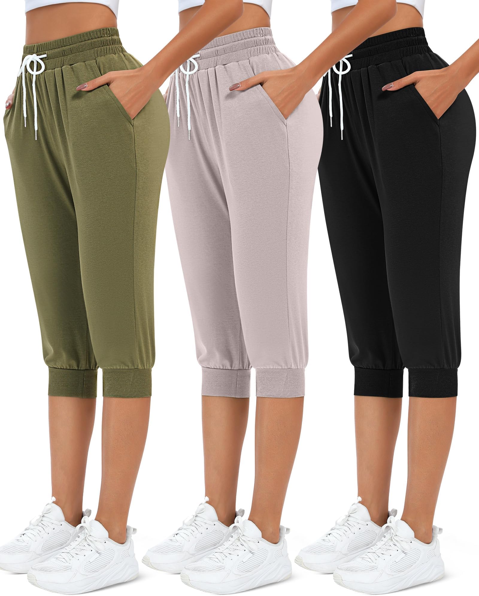 Neer 3 Pcs Women's Capri Sweatpants Causal Drawstring Crop Pants with Pockets Capri Joggers Sports Pants Cropped Joggers