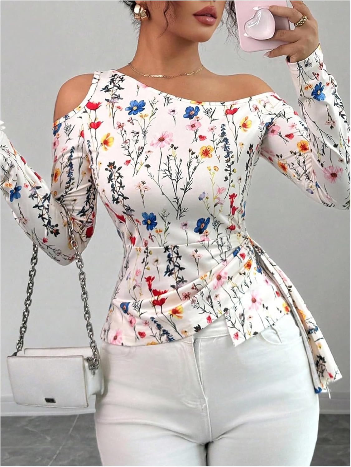 OYOANGLE Women's Floral Long Sleeve Cold Shoulder T Shirt Elegant Asymmetrical Hem Going Out Top - Image 4