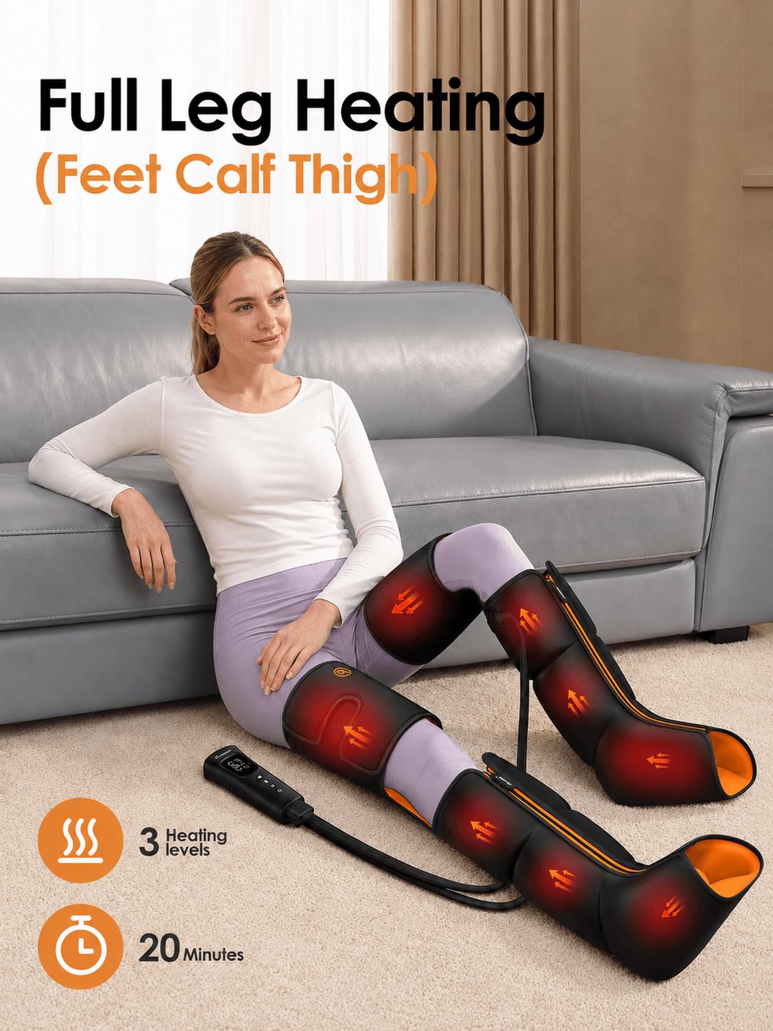 Massaggiatore per gambe con calore e compressione d'aria, massaggio per polpacci e cosce per circolazione e sollievo dal dolore, dispositivo di compressione sequenziale per gambe gonfie, 3 intensità 6