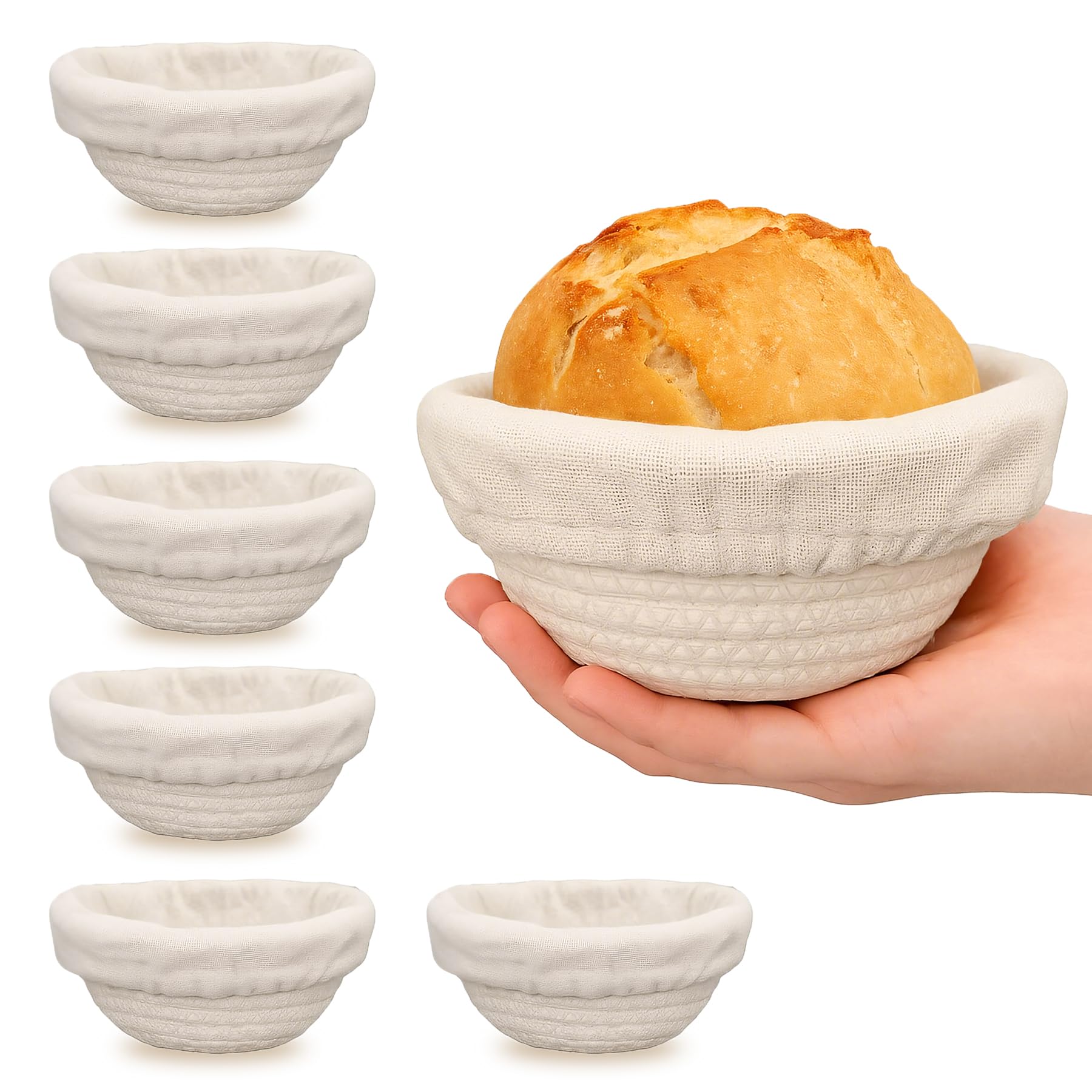 5.5 Inch Mini Bread Proofing Basket for Sourdough - Set of 6 Small Proofing Baskets, Cotton Rope Dough Bowls with Linen Liners, Ideal Sourdough Bread Baking Supplies for Dinner Rolls & Holiday Baking
