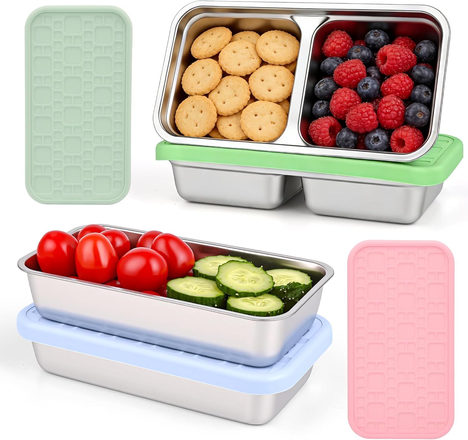 4 Pack Stainless Steel Snack Containers, Leak-Proof 2 Compartment Lunch Boxes with Silicone Lids, Reusable Metal Snack Box for Meal Prep, Travel, Outdoor & Daily Use (1 & 2 Compartments – A)