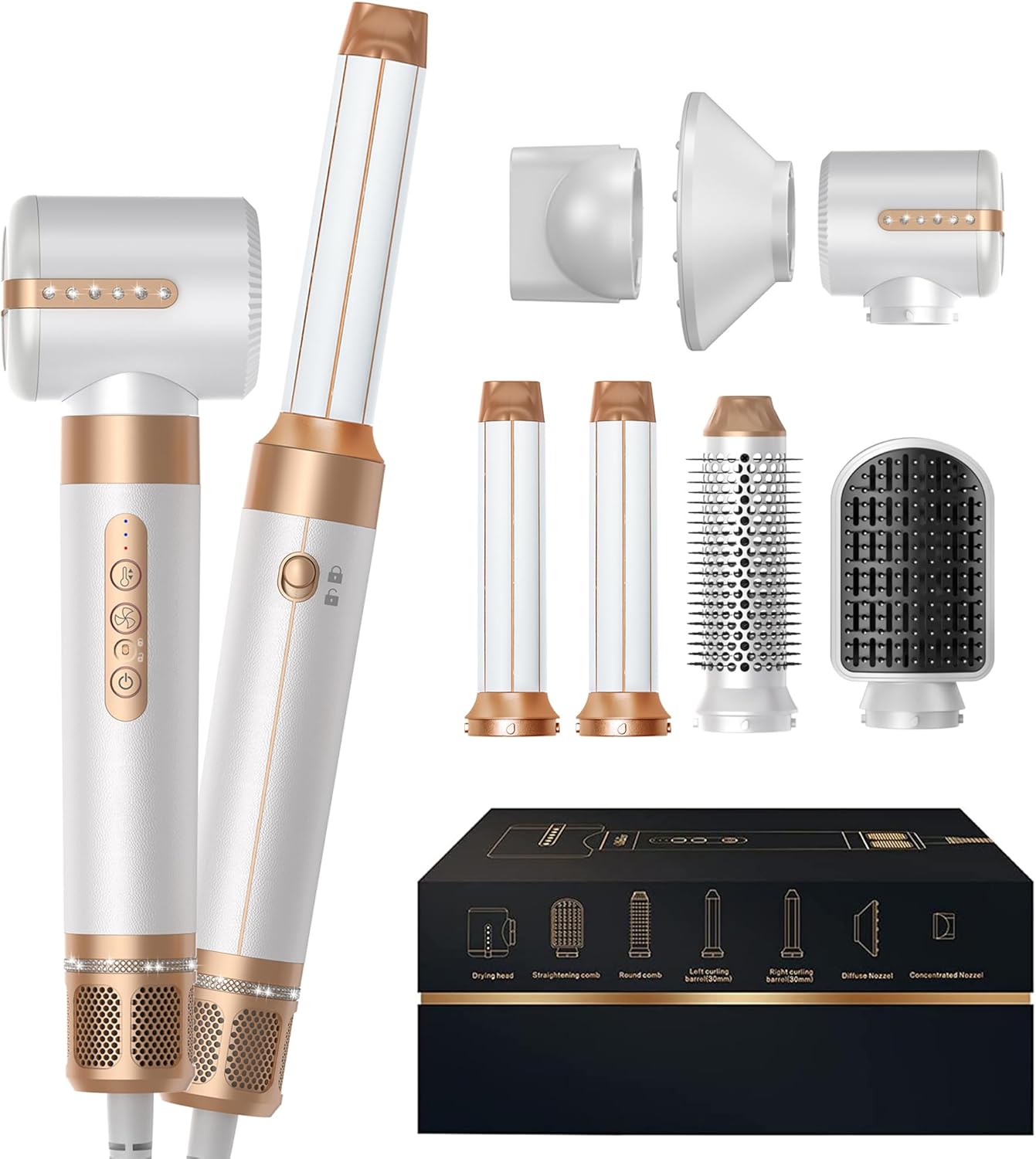 Blow Dryer Brush 7inONE,110000RPM High-Speed Negative Ionic Hair Dryer with Diffuser Concentrator,Curling Iron Hair Straightener Round Brush Blow Out Magic Styler,Volumizing Air Styler