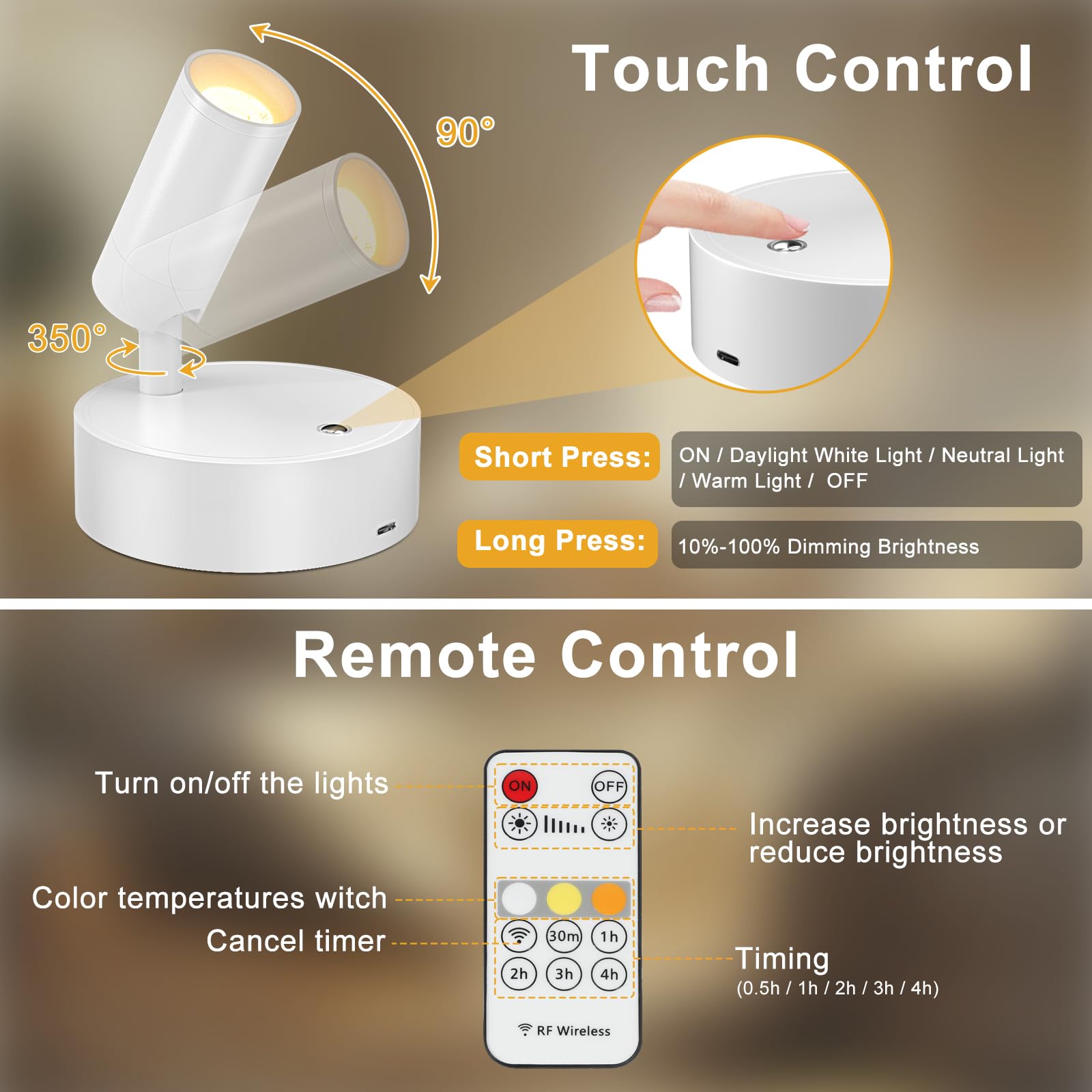 Kimjo LED Kabellose Spotlight Aufladbar Wandstrahler, Weiß Batteriebetriebene Wandleuchte Innen, USB-C Dimmbare Wandspot mit Fernbedienung, Drehbare Wandlampe Akku für Wohnzimmer Schlafzimmer, 2 Pack