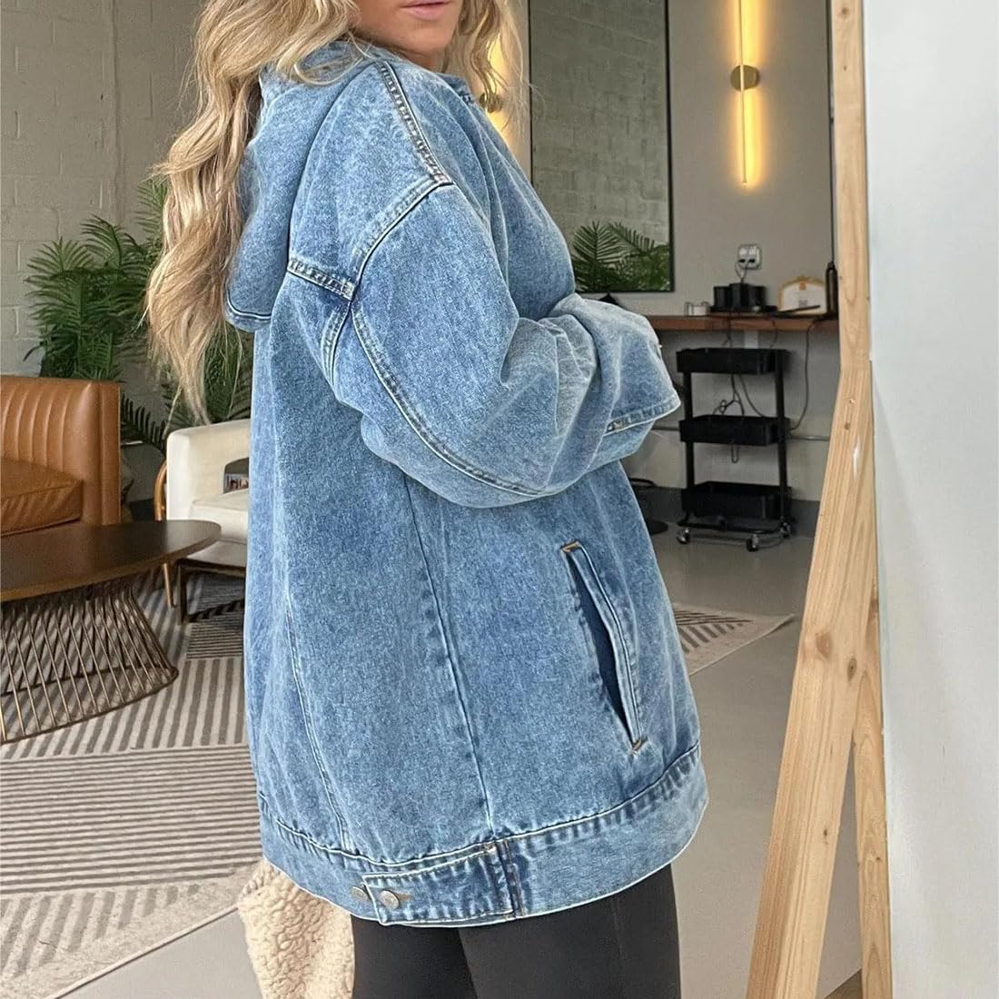 Sudadera Vaquera con Capucha para Mujer, Cuello en V, Oversize, Bolsillos Delanteros, Estilo Casual