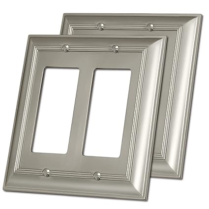 [2 Pack] BESTTEN Grand Collection 2 Gang Zinc Alloy Decorator Wall Plate Switch or Receptacle Cover, Satin Nickel