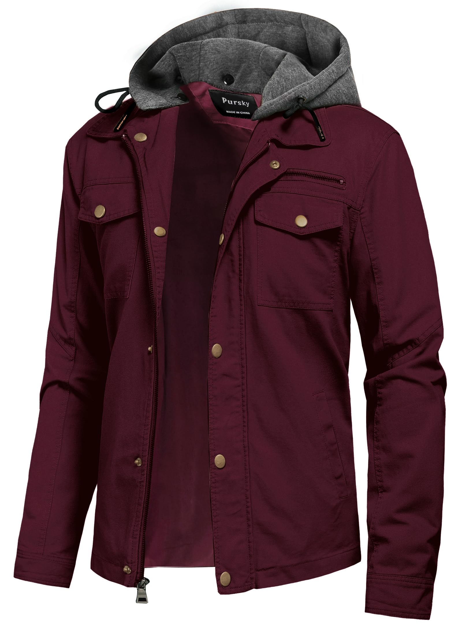 Pursky Men's Canvas Cotton Military Casual Field Jacket Outerwear With Removable Hood