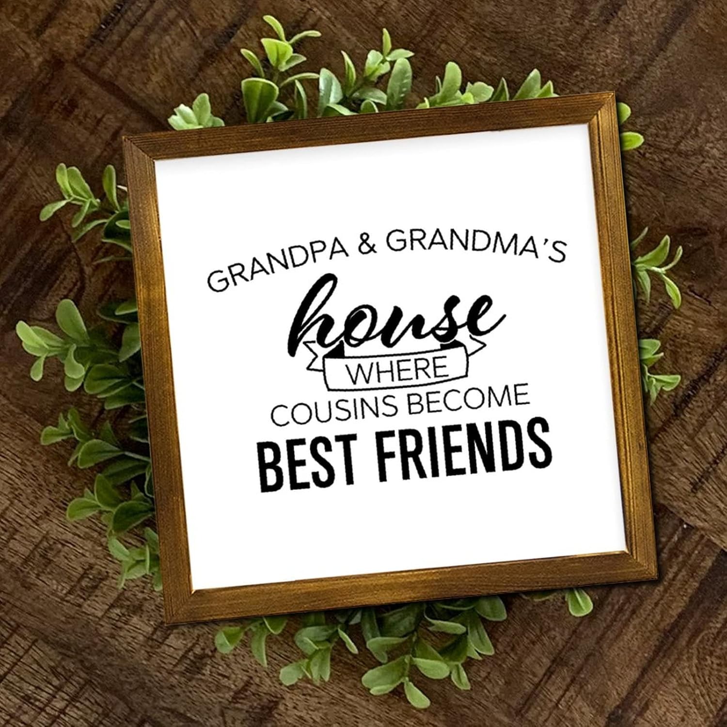 Grandpa Grandmas House Where Cousins Become Friends Framed Wood Sign Lettering Quotes Wood Wall Art Retro Wall Art Hanging Decor for Bedroom Living Room Wall Kitchen Home 12x12 Inch