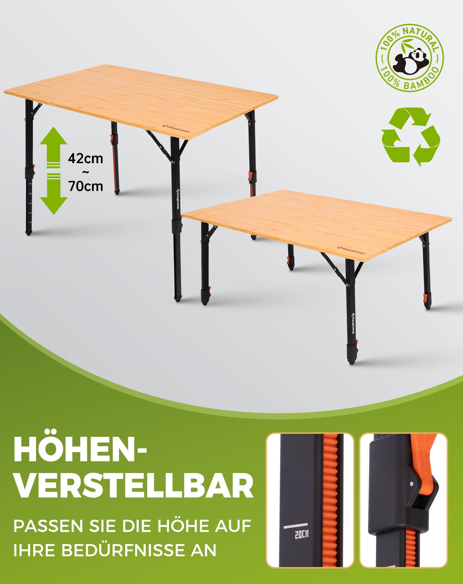 KingCamp Campingtisch Bambus Klapptisch Höhenverstellbar (42-70cm) Camping Tisch Faltbar Tragbar & Klappbar 120kg Belastbarkeit – Robuster Faltischer für Camping, Garten, Balkon & Picknick