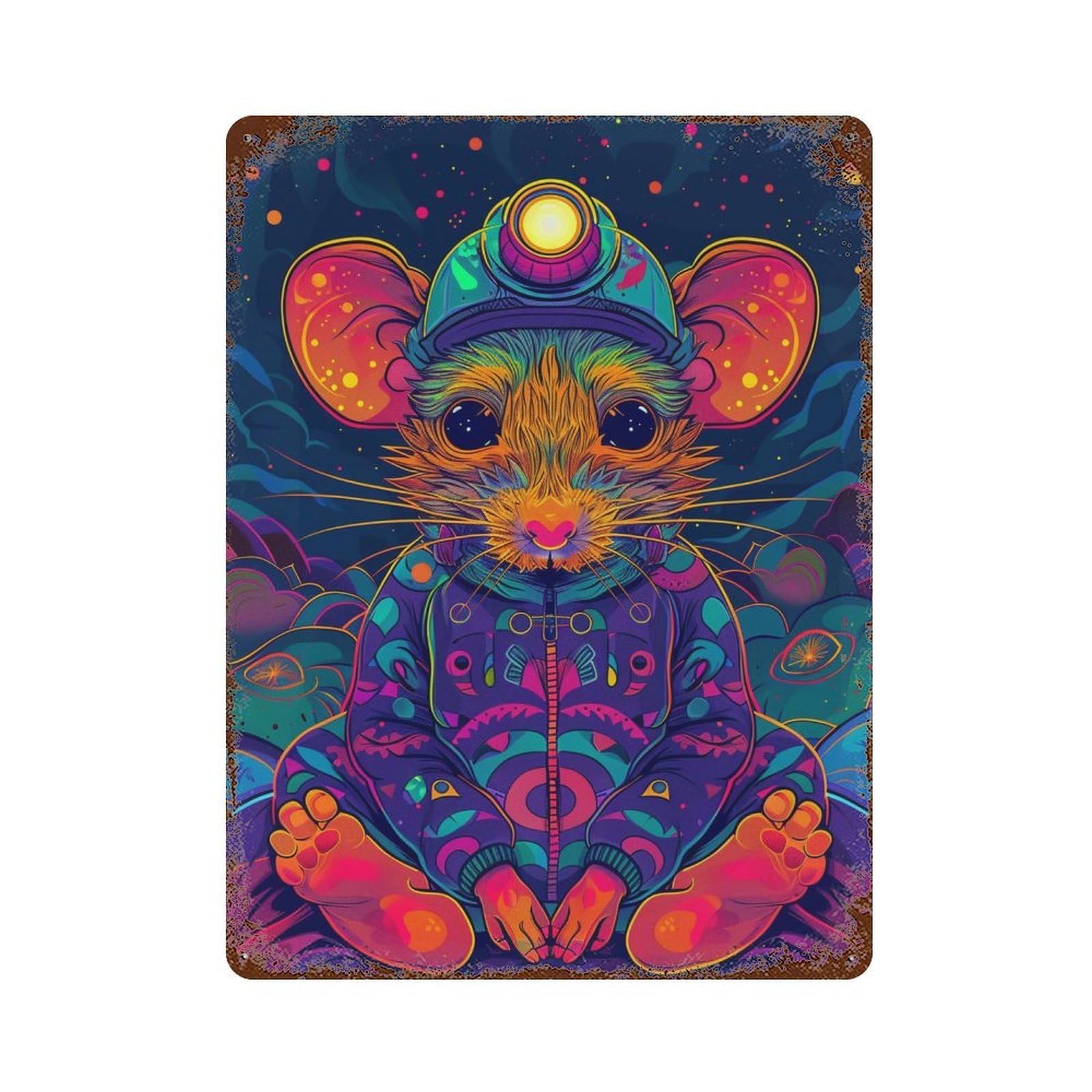 Rusty Metal Tin Sign with Psychedelic Mouse Art Print Design 15.7"x11.8", for Farmhouse, Kitchen And Entryway Decor, Classic Wall Plaque