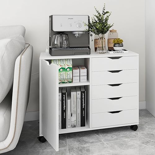 Miniatura 8 de PUNCIA Armarios de almacenamiento de archivos de madera móviles de 5 cajones con tomas de corriente y puerta, archivador lateral para oficina en