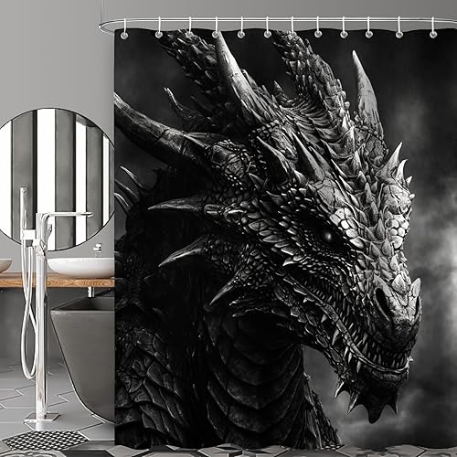 Miniatura 2 de Cortina de ducha de dragón para baño, juego de cortina de ducha bohemia en blanco y negro, tela animal, moderna, impermeable, decoración de baño con