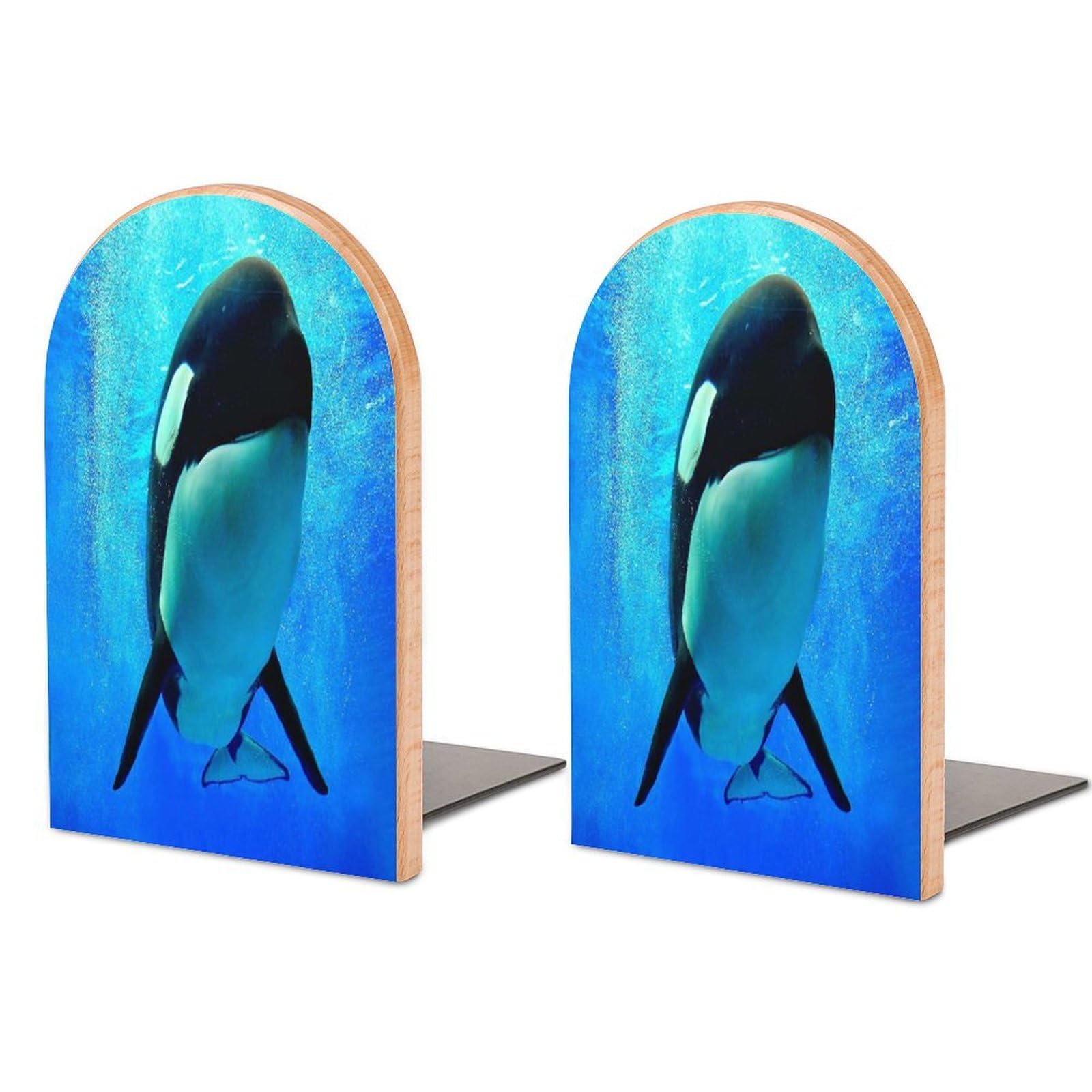 Whale Underwater Beech Wood Bookends Heavy Duty Book Organizers Desktop File Holder for Office Home Bookshelf