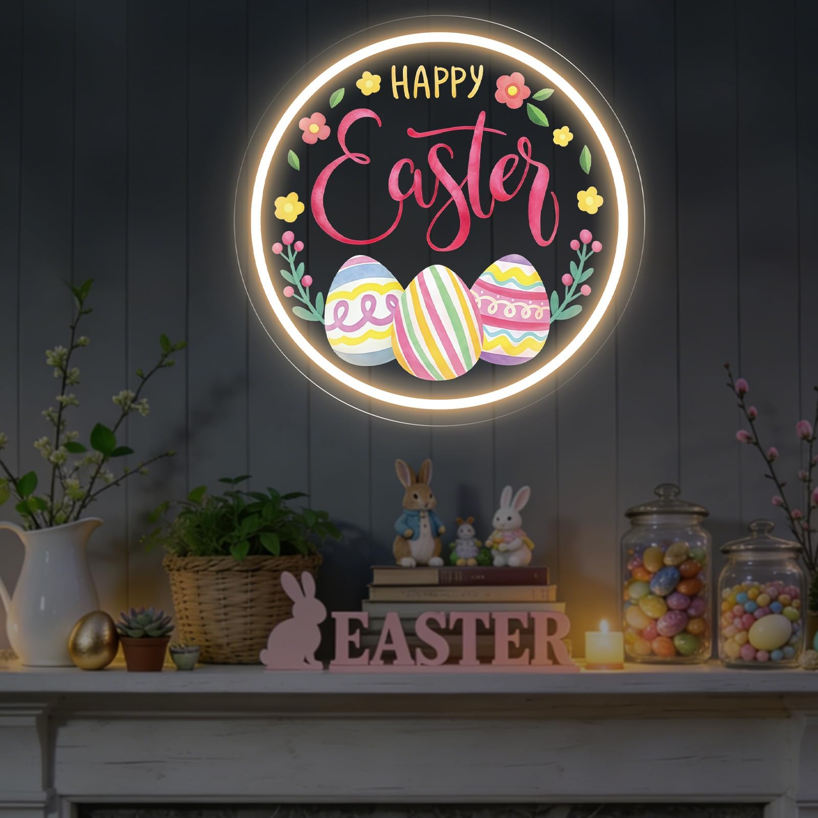 Neonowy znak Happy Easter, ciepłe białe jajko i kwiatowy nadruk UV lampa ścienna LED na Wielkanoc, do salonu, na imprezę, do pokoju dziecięcego, dekoracja świąteczna