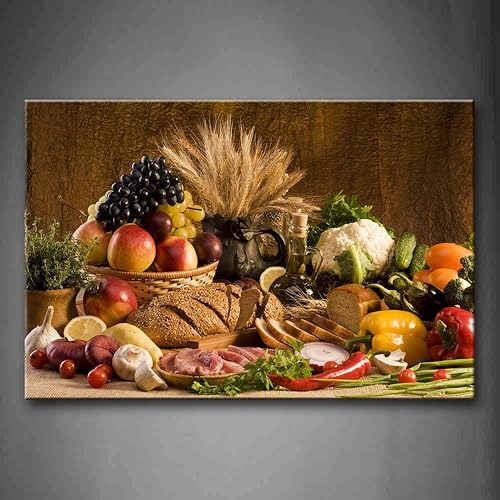 Comida fresca marrón uva fruta de manzana en cesta pan cebolla tomate pimiento dulce coliflor trigo reunido en la mesa arte de pared pintura en