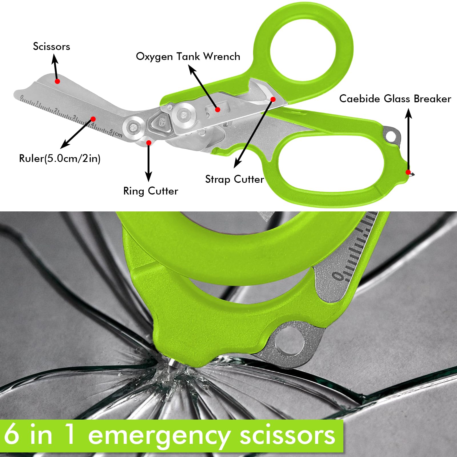 Forbici Trauma: Strumento Multifunzionale 6-In-1 In Acciaio Inossidabile, Pieghevole, Con Frangivetro E Cutter Per Cinture, Per Interventi Di Soccorso (Verde)