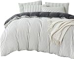 Dark Grey Queen Size Duvet Cover Striped Washed Microfiber Jacquard 3 Pieces Bedding Grey White Vertical Ticking Stripes Pattern Comforter Cover with Zipper Closure Breathable Durable Soft Comfy