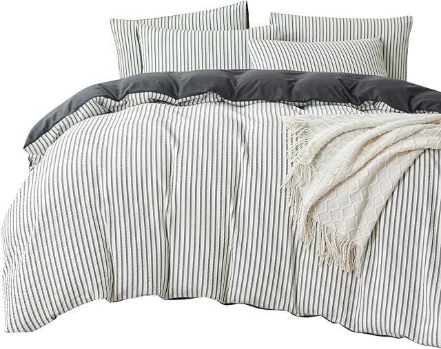 Dark Grey Queen Size Duvet Cover Striped Washed Microfiber Jacquard 3 Pieces Bedding Grey White Vertical Ticking Stripes Pattern Comforter Cover with Zipper Closure Breathable Durable Soft Comfy