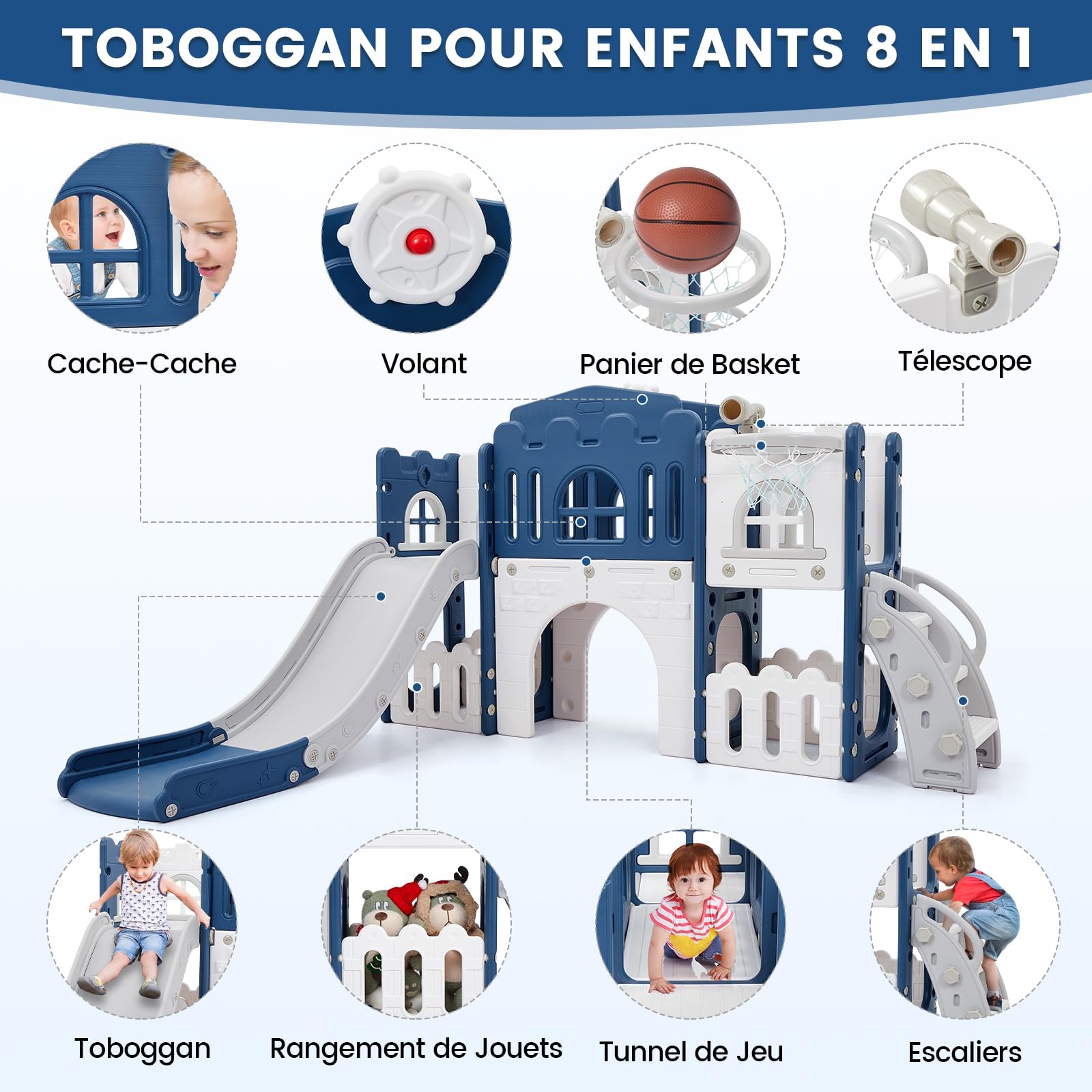 Toboggan 8-en-1 Garvee Pour Enfant – Escalade, Panier De Basket, Tunnel, Télescope – Intérieur Ou Extérieur Module Jeu évolutif Garçon Fille