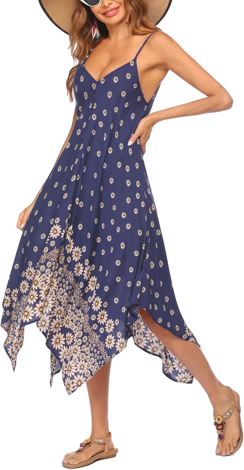 Chigant Women's 2026 Summer Dress Casual Boho Sundress Spaghetti Strap Swimwear Cover Up Beach Flowy Midi Vacation Dresses - Image 3