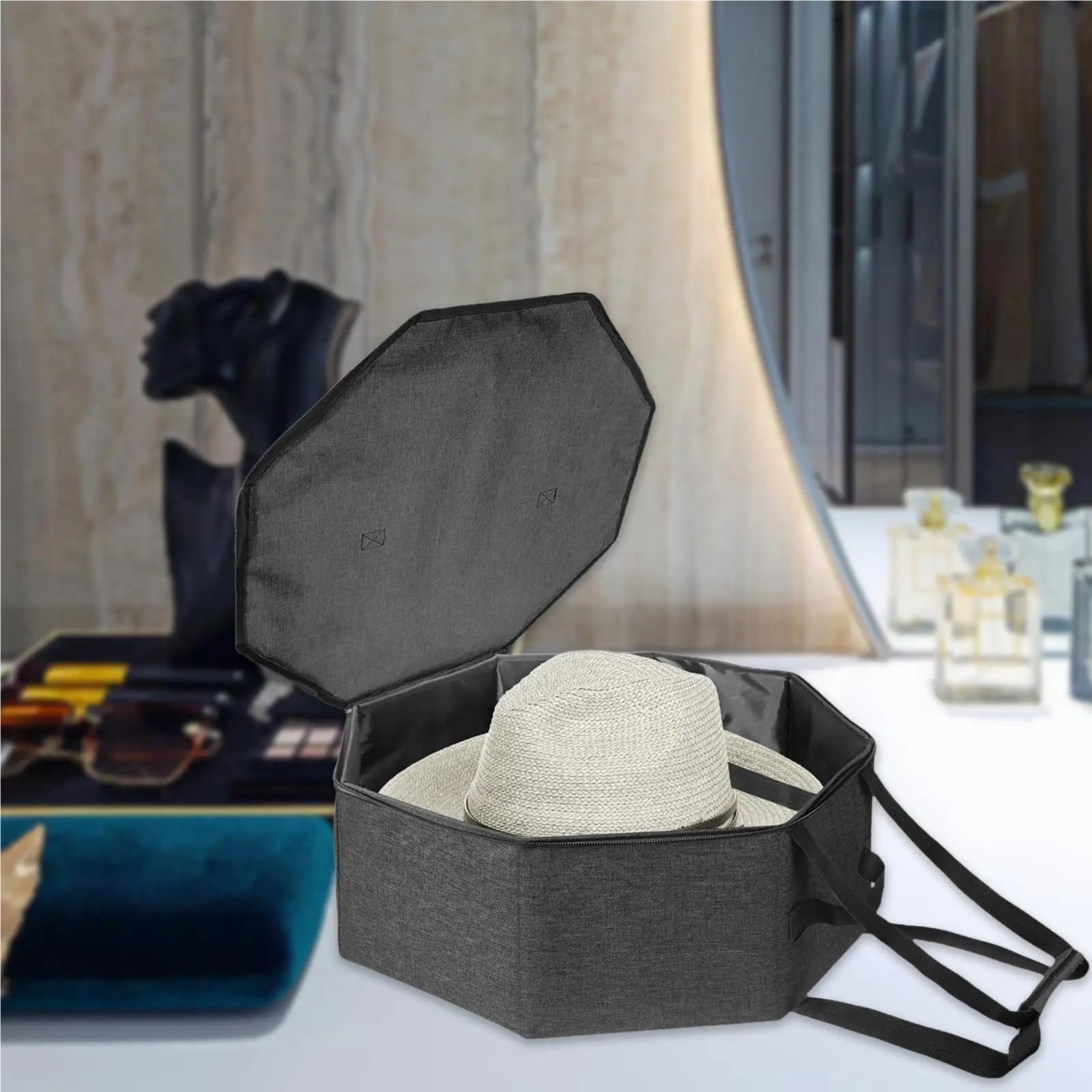 Caja de almacenamiento for sombreros, caja for for viajes con cremallera asas transporte, organizador gorras vaquero for hombres y mujeres Para Sombrero