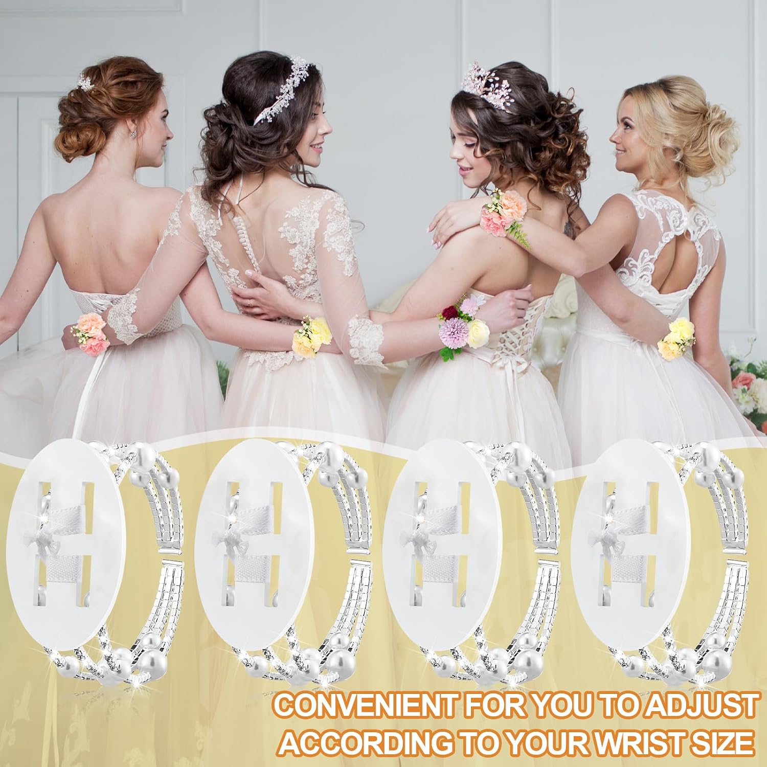 Hotop 8 Pcs Corsage Wrist Bracelet Bands Bride Pearl Rhinestone Bracelet Elastic Wrist Corsage DIY Wedding Wristband Faux Pearl Adjustable Wristband Accessory for Bridal Party Prom (Silver)