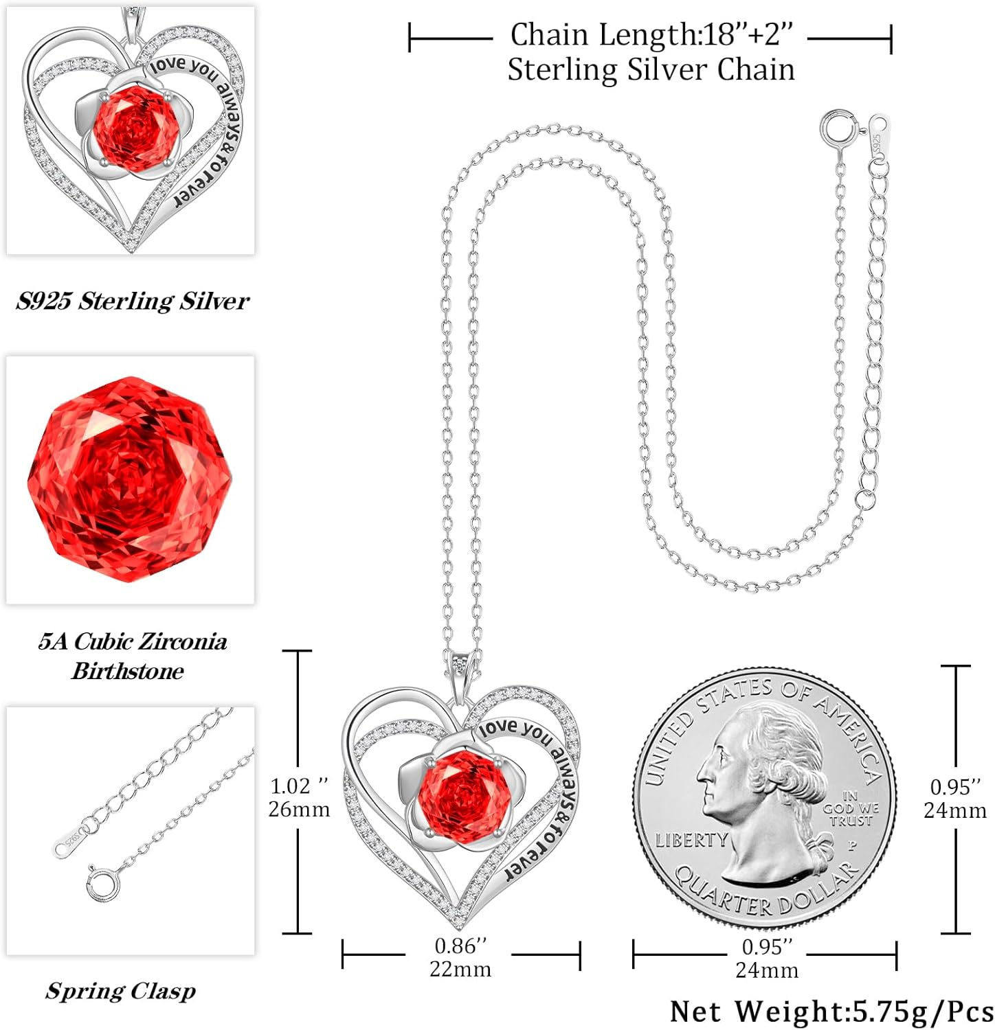 Aurora Tears Birthstone Love Heart Pendant Necklace - 925 Sterling Silver Rose Cut Cubic Zirconia I Love You Necklace Anniversary Birthday Jewelry Gift for Women Wife Mom Daughter - Image 4