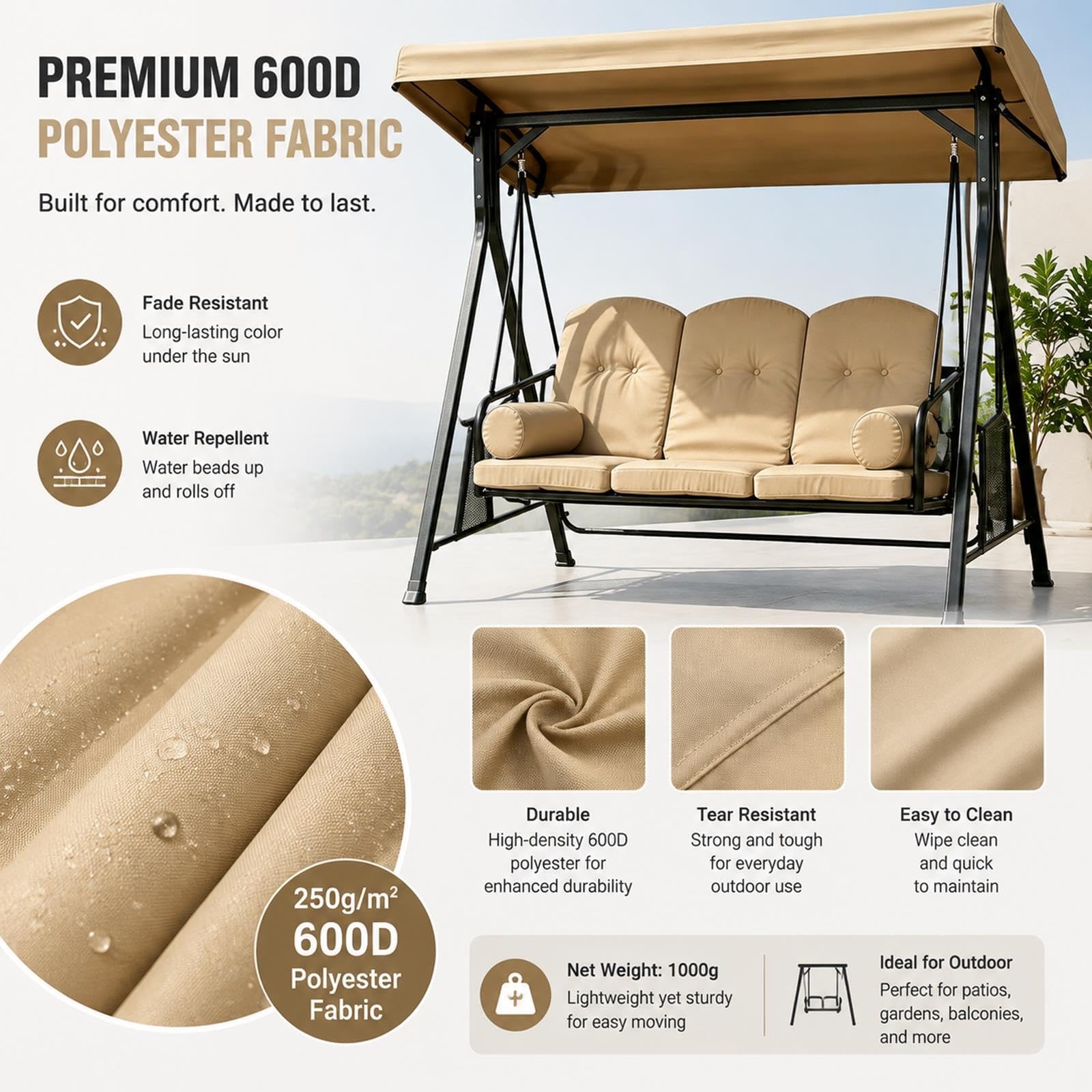 Tettuccio di Ricambio per Dondolo 3 Posti da Esterno Impermeabile | Tessuto poliestere 600D 250g/m², resistente agli strappi, facile da pulire(Brown,75.20*47.24*8.66*6.69in)