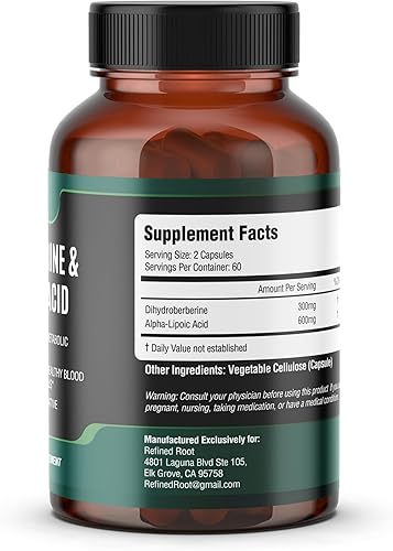 Miniatura 6 de Suplemento de dihidroberberina de raíz refinada de 300 mg con ácido alfa lipoico de 600 mg - Suplemento de berberina extra fuerte con ácido alfa