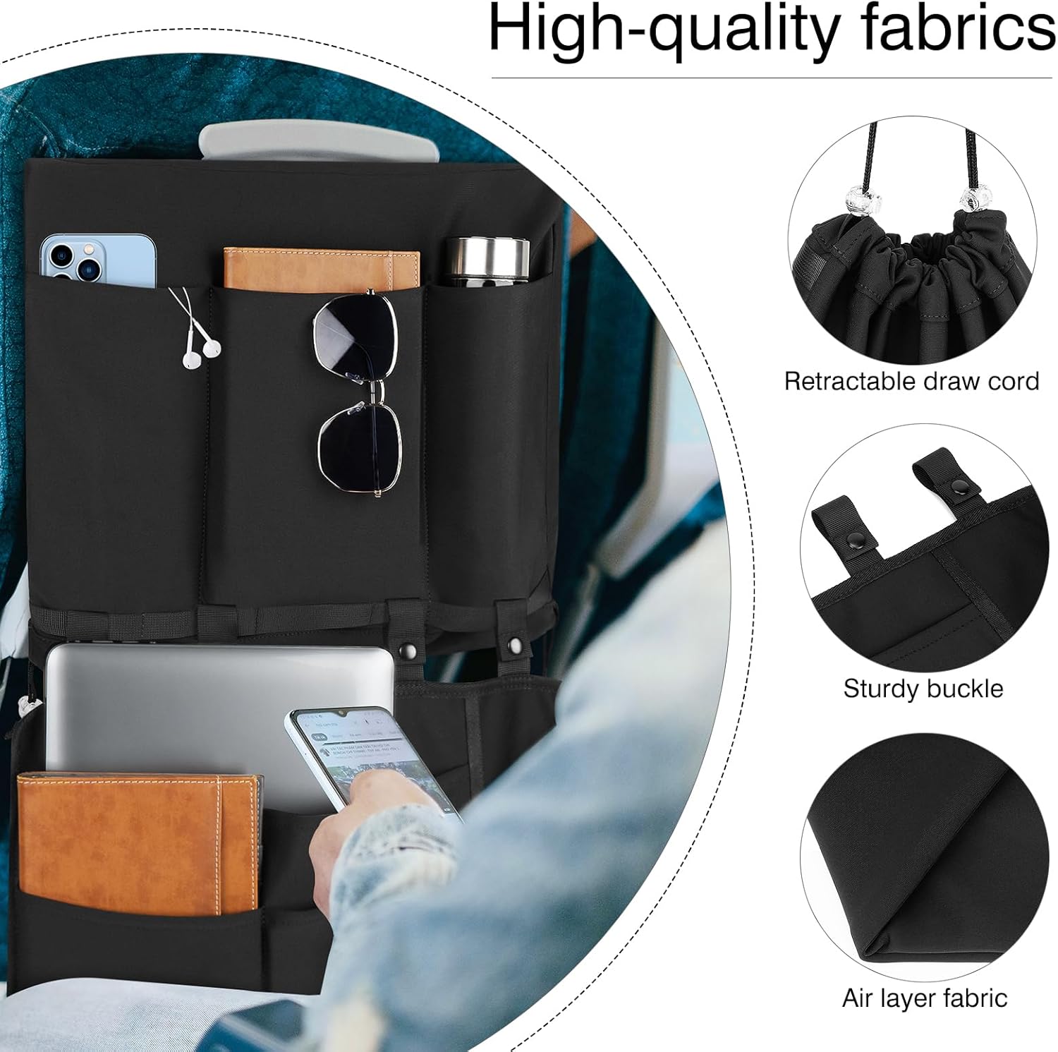 Airplane Tray Table Cover with Under Desk Attachment Set, Travel Tools for Seat Back Organize & Belongings Storage, Foldable Flight Organizer with Water Bottle Holder (Black) - Image 4