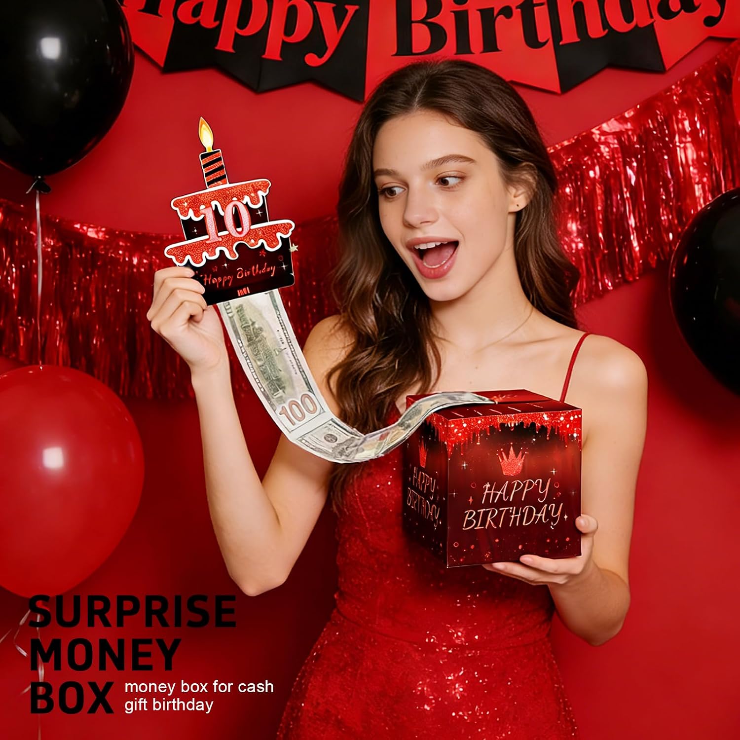 AOYOO Black Red Birthday Money Box for Cash Gift, Surprise Explosion Pop Up Gift Box with 0-9 Number Stickers for DIY Custom Age 18th 21st 30th 50th, Funny Cash Pull Party Supplies for Men Women image 5