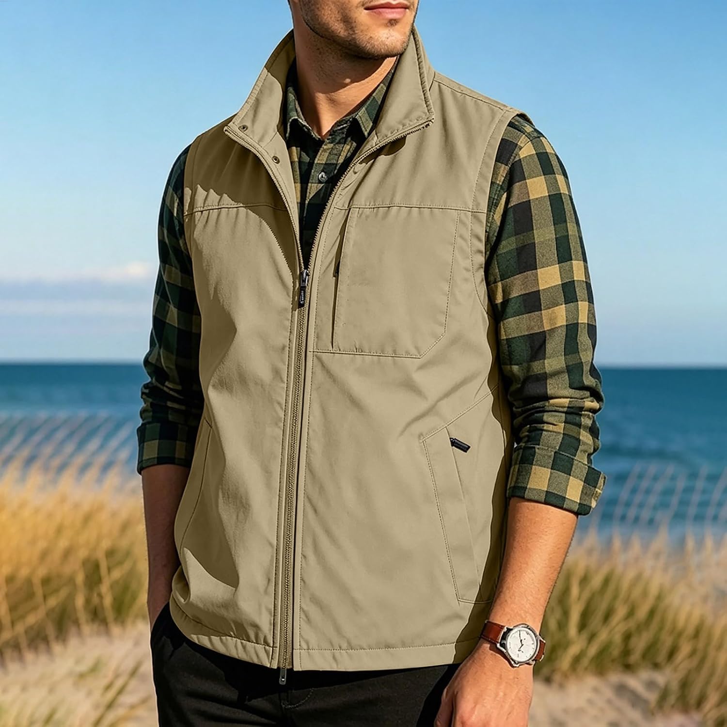 Men's Outerwear Casual Lightweight Full Zip Sleeveless | Men's Casual Outerwear Vest Lightweight Full Zip Sleeveless Jacket Outdoor Hiking Travel Golf Vest with Pockets
