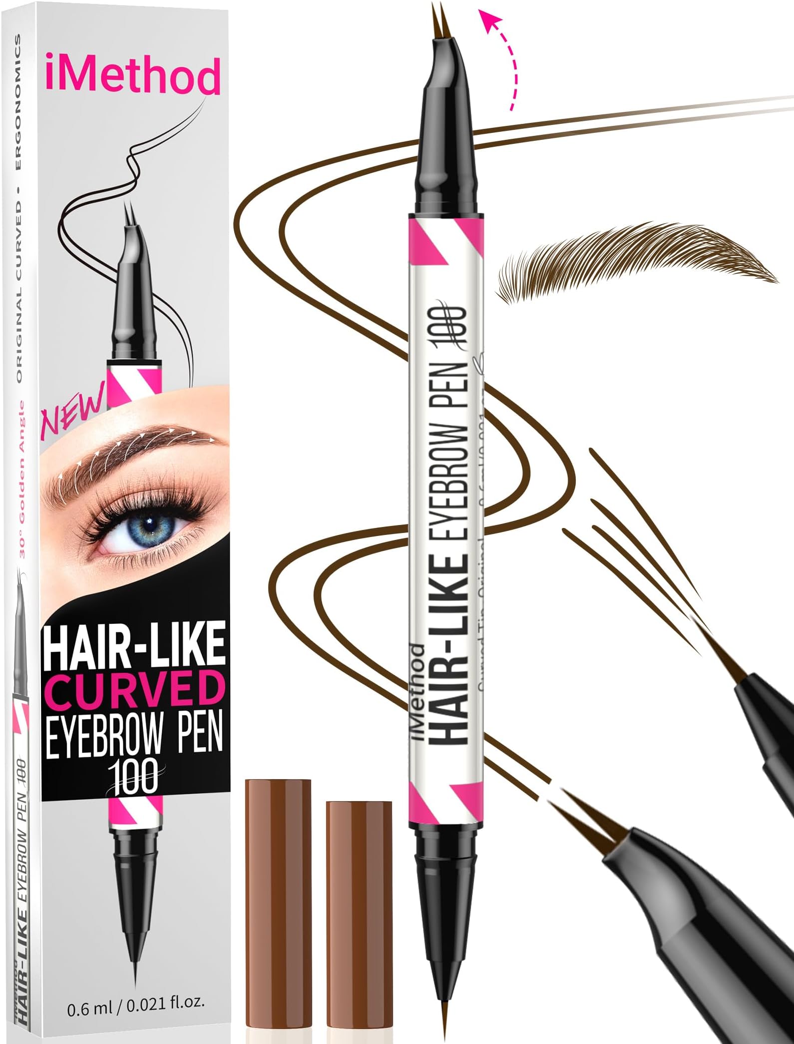 iMethod Curved Eyebrow Pen - 2-in-1 Dual-Ended Eyebrow Pencil with Curved Tip and Precise Brush-Tip, Microblading Pen for Natural Brows, Dark Brown