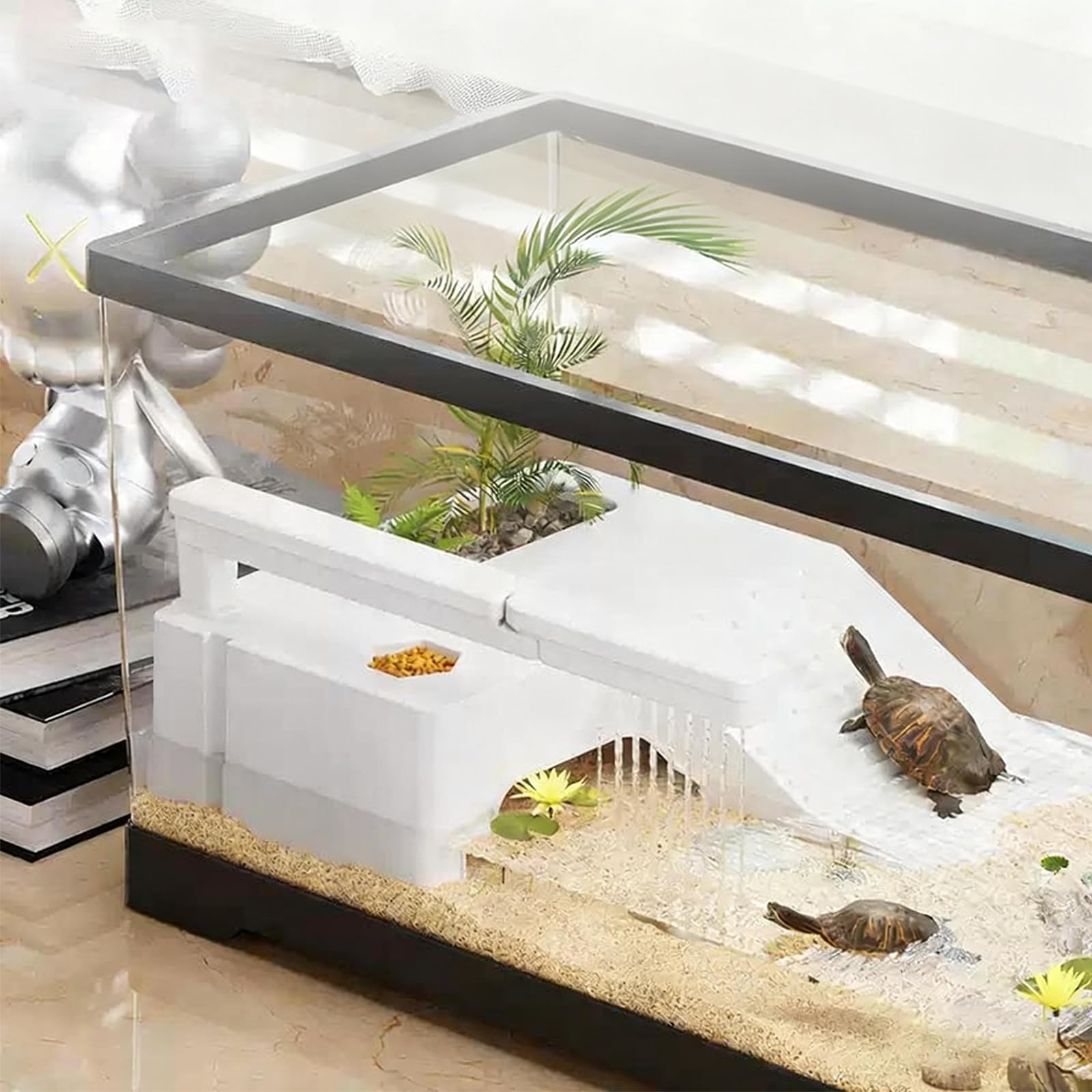 Acuario de tanque de tortuga con plataforma para tomar el sol, lluvia, juguete de criatura acuática, anillo de natación de 40 x 20,5 x 20 cm, kit de hábitat de tortugas pequeñas y tortugas juveniles