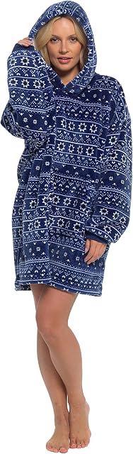 Slumber Hut Hoodie Wearable Blanket Ultra Soft Fleece Snuggle Poncho Loungewear Hooded Top Oversized Comfy Cosy Sweatshirt Throw Cover - Blue Xmas Aztec Adults One Size