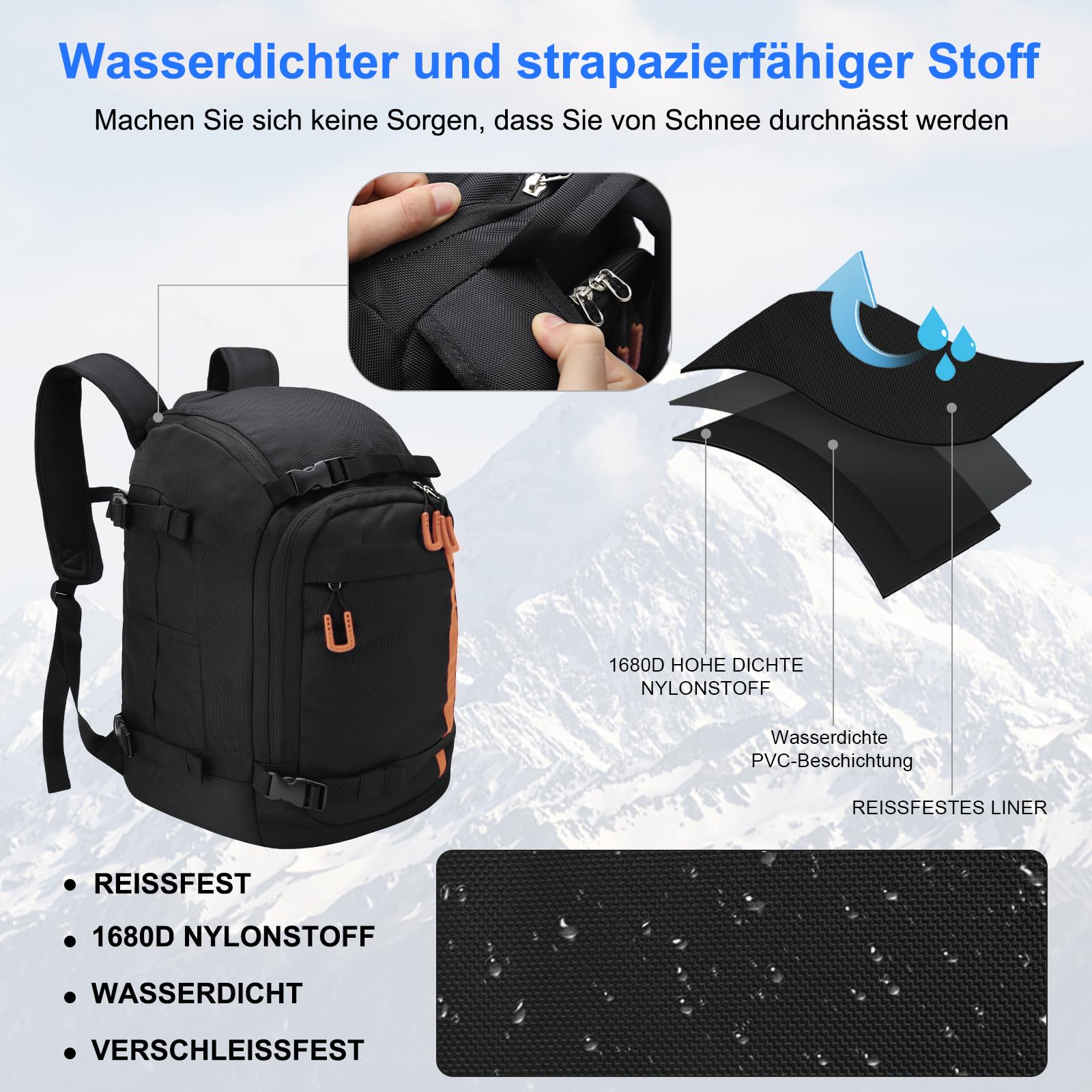 Bolsa para botas de esquí con compartimento para casco, 50 L, 1680D, nailon, mochila de esquí, con bolsa para casco, bolsa de esquí, para botas de esquí, patines, snowboard, naranja, Clásico