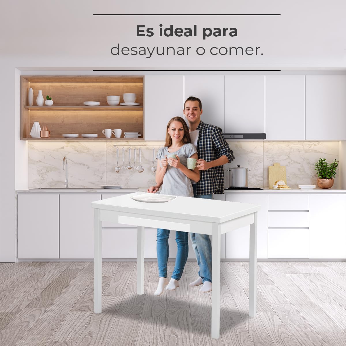 Astimesa - Mesa de Cocina Extensible con Tapa laminada, con 2 Alas y Cajón - Estructura de Metal Blanco - Color: Blanco - Mesa Cerrada: 100 cm x 60 cm. Mesa extendida: 150 x 60 cm