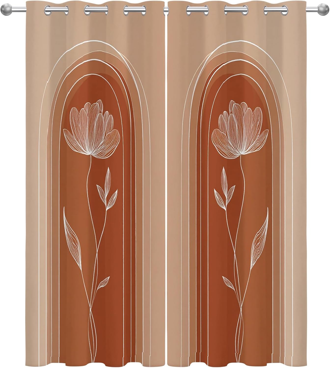 Floral Blackout Curtains for Bedroom Living Room, Terracotta Modern Abstract Patterned Window Treatments, Room Darkening Thermal Insulated Grommet Drapes, 45 Inch Curtains 2 Panel Set