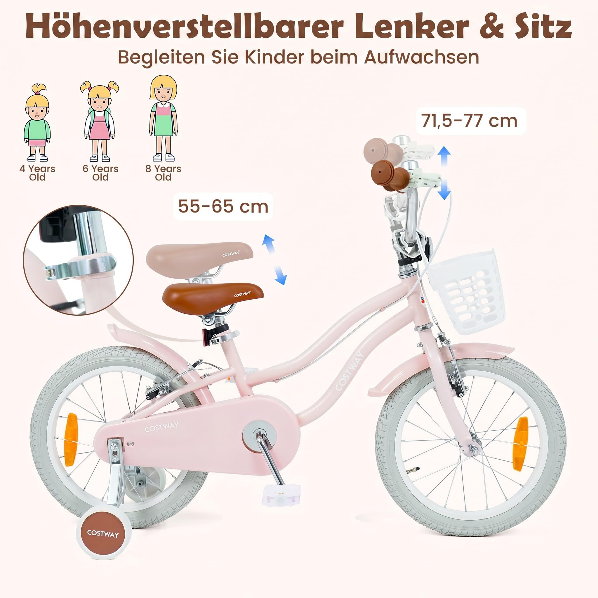 COSTWAY Kinderfahrrad mit Korb & Klingel, 14/16 Zoll Mädchenfahrrad mit höhenverstellbarem Sattel & Lenker, Fahrrad mit Doppelbremsen, abnehmbaren Stützrädern für 3-7 Jahren Mädchen