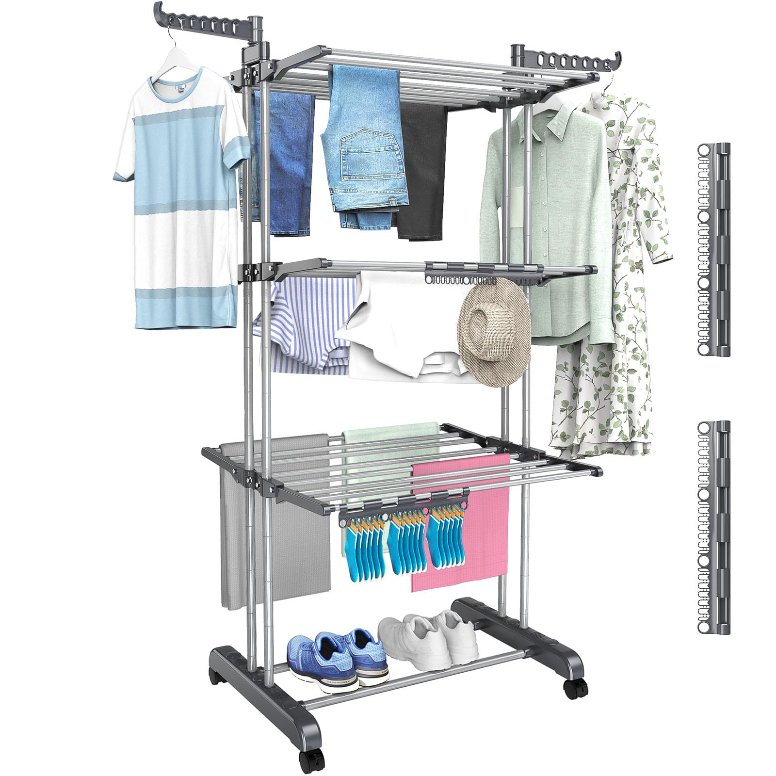 Étendoir à Linge 4 Niveaux Extensible Avec Roulettes - Pliable, 2 Ailes Pivotantes - Séchoir Intérieur/Extérieur 170cm