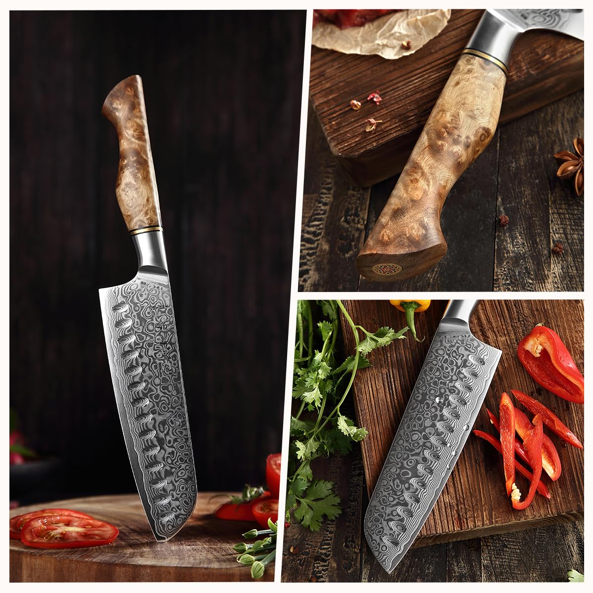 HEZHEN Nóż Santoku, Nóż Szefa Kuchni ze Stali Damasceńskiej, Azjatycki Nóż Kuchenny w Stylu Japońskim,Rękojeść z Drewna Sycamore