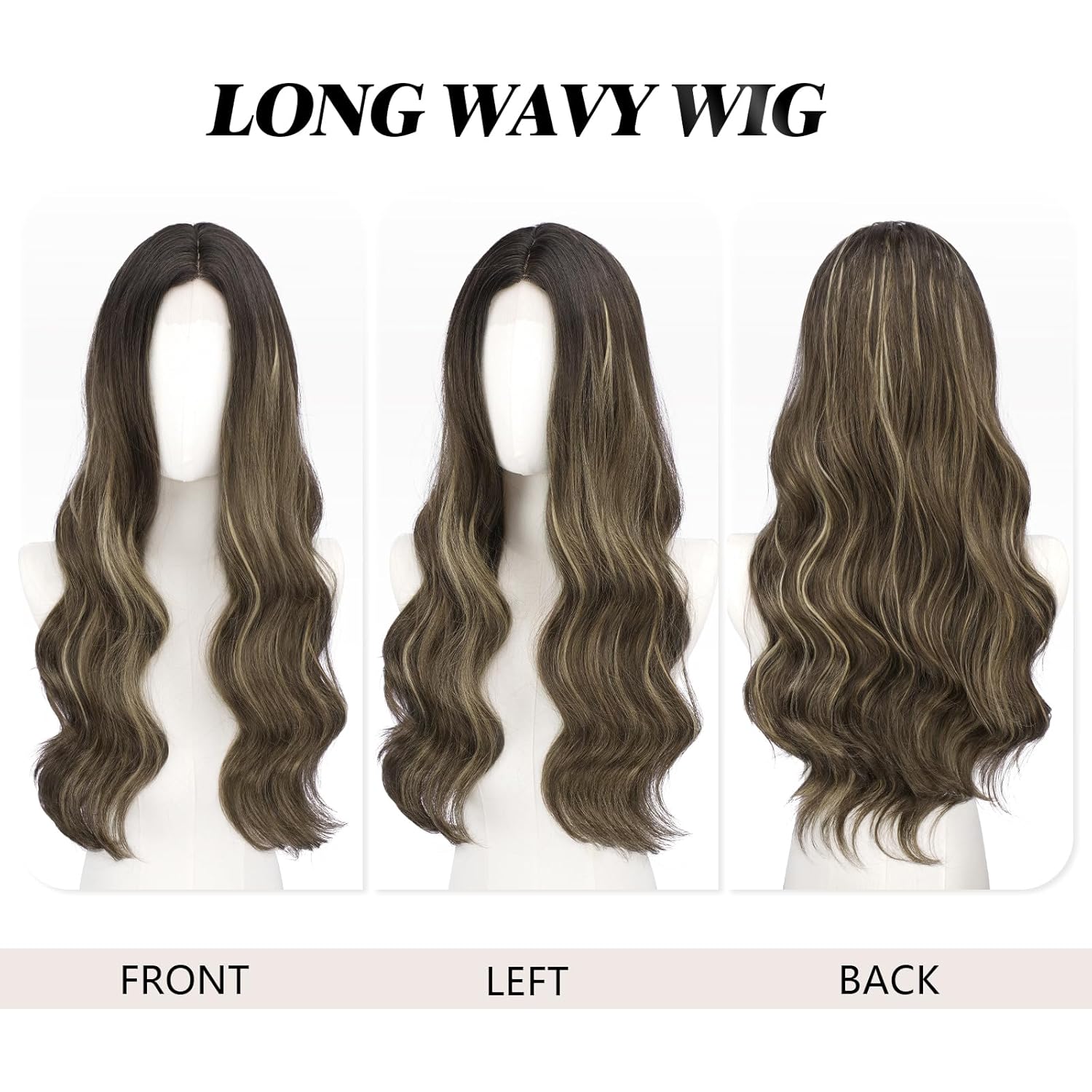 FESHFEN Long Brown Mixed Blonde Highlighted Wigs for Women, 24 inch Lace Front Hairline Middle Parting Synthetic Wavy Wig for Daily Party