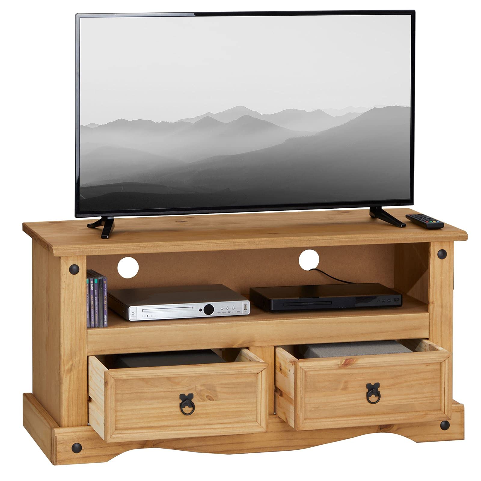 TV Lowboard Salsa 110 cm Fernsehtisch Mexiko Möbel Kiefer massiv gebeizt und gewachst, 2 Schubladen, 1 offenes Fach