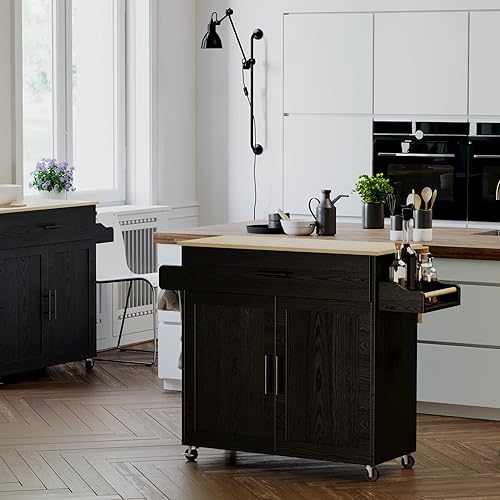 Miniatura 9 de IRONCK - Mesa de isla de cocina rodante con ruedas, hoja abatible, gabinete de almacenamiento, cajón, estante para especias/toallas, carro de Negro