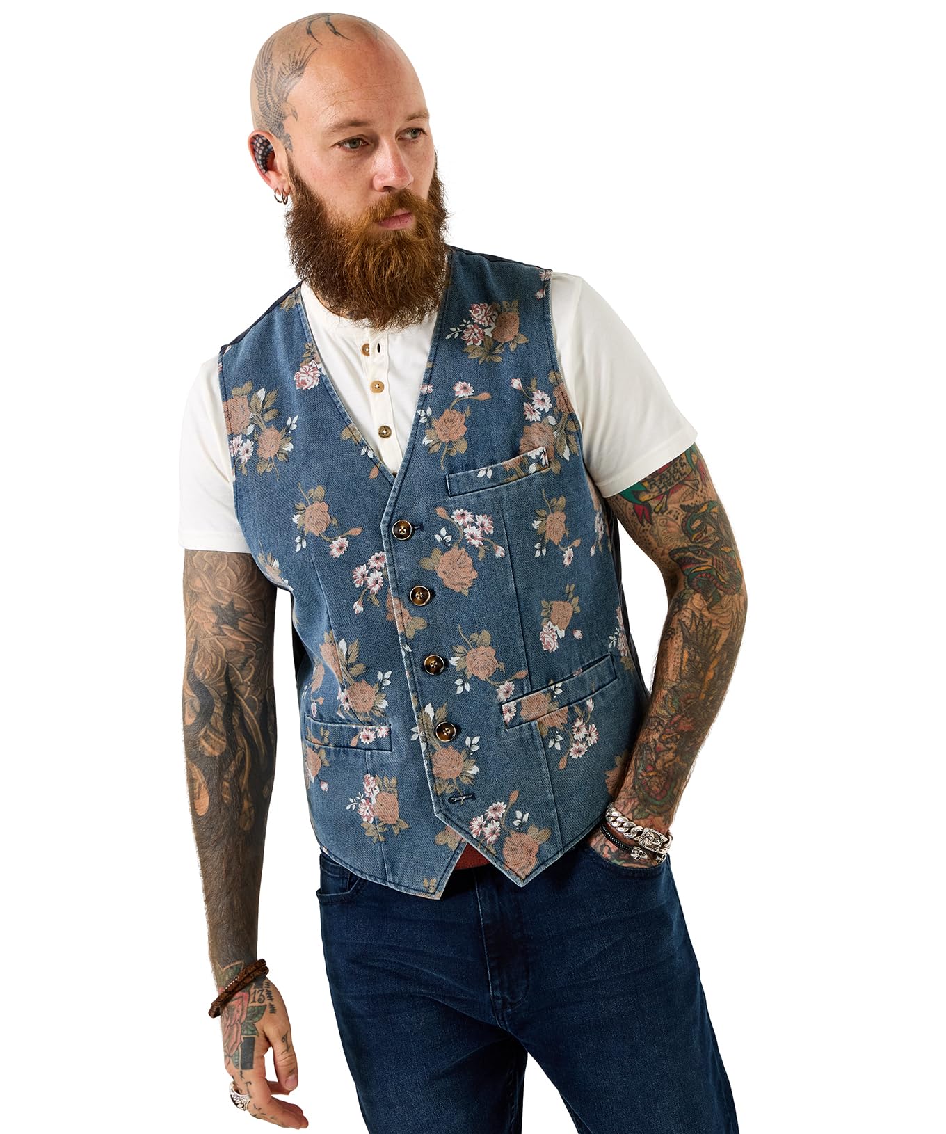 Joe Browns Men's Floral Print Washed Denim Waistcoat, Regular, Blue, UK 42