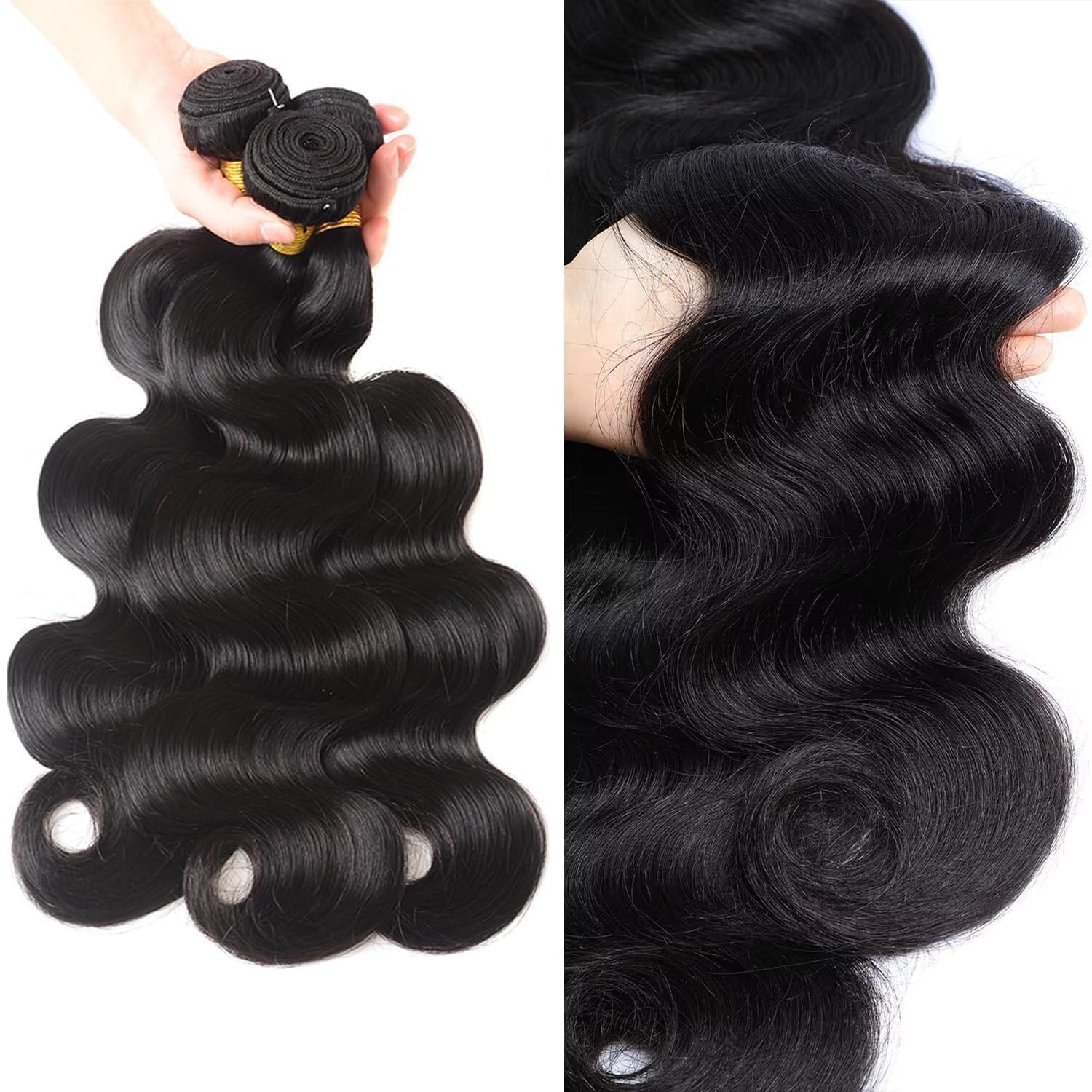 Body Wave Human Hair Bundles 12A Raw Human Hair Extensions Quick Weave Bundles 100% Unprocessed Virgin Real Hair Natural Black (16 18 20 inches)