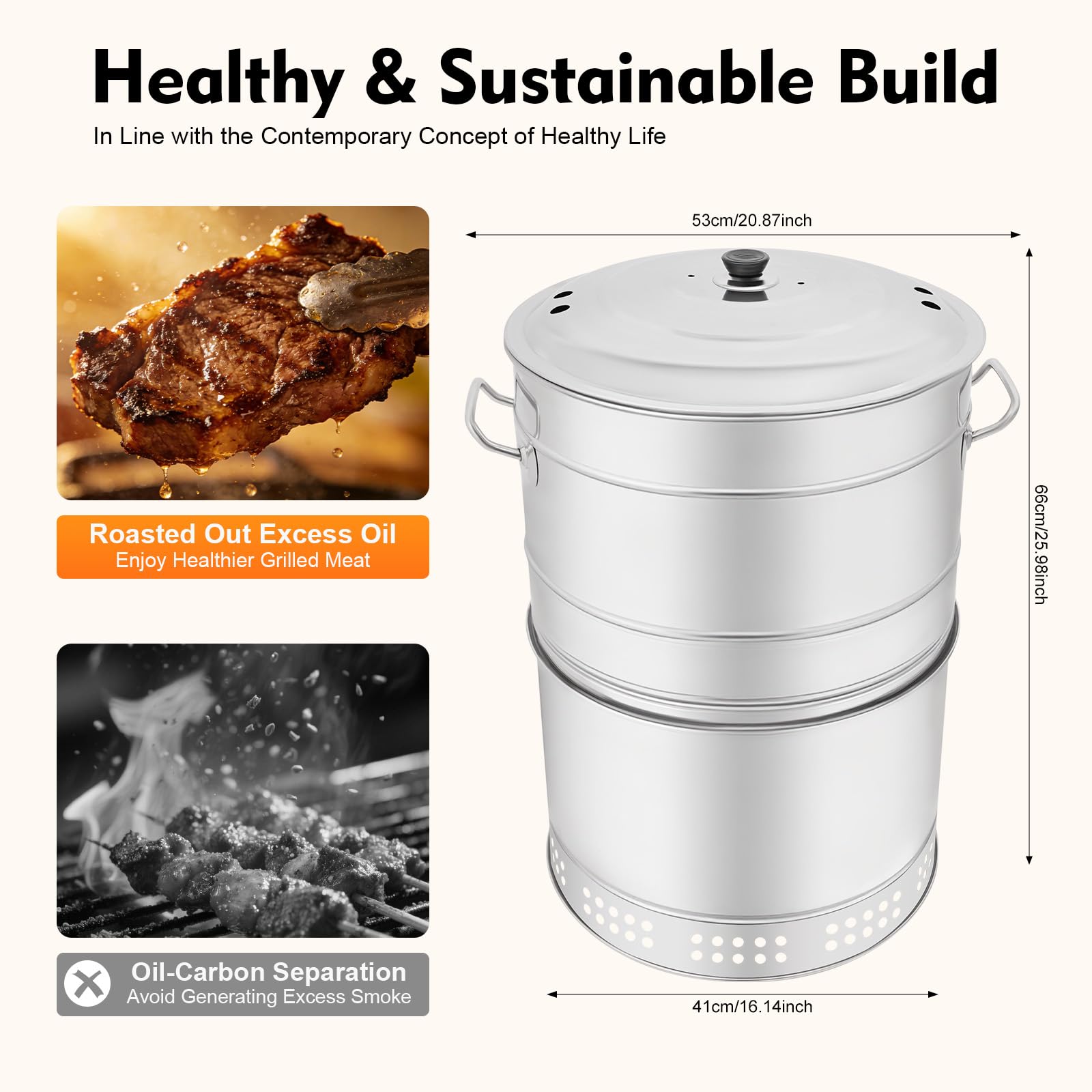 Barbecue portatile a carbonella in acciaio inox, con spiedini e vaschetta per l'olio, griglia a 360°, senza fumo, per campeggio e cortile