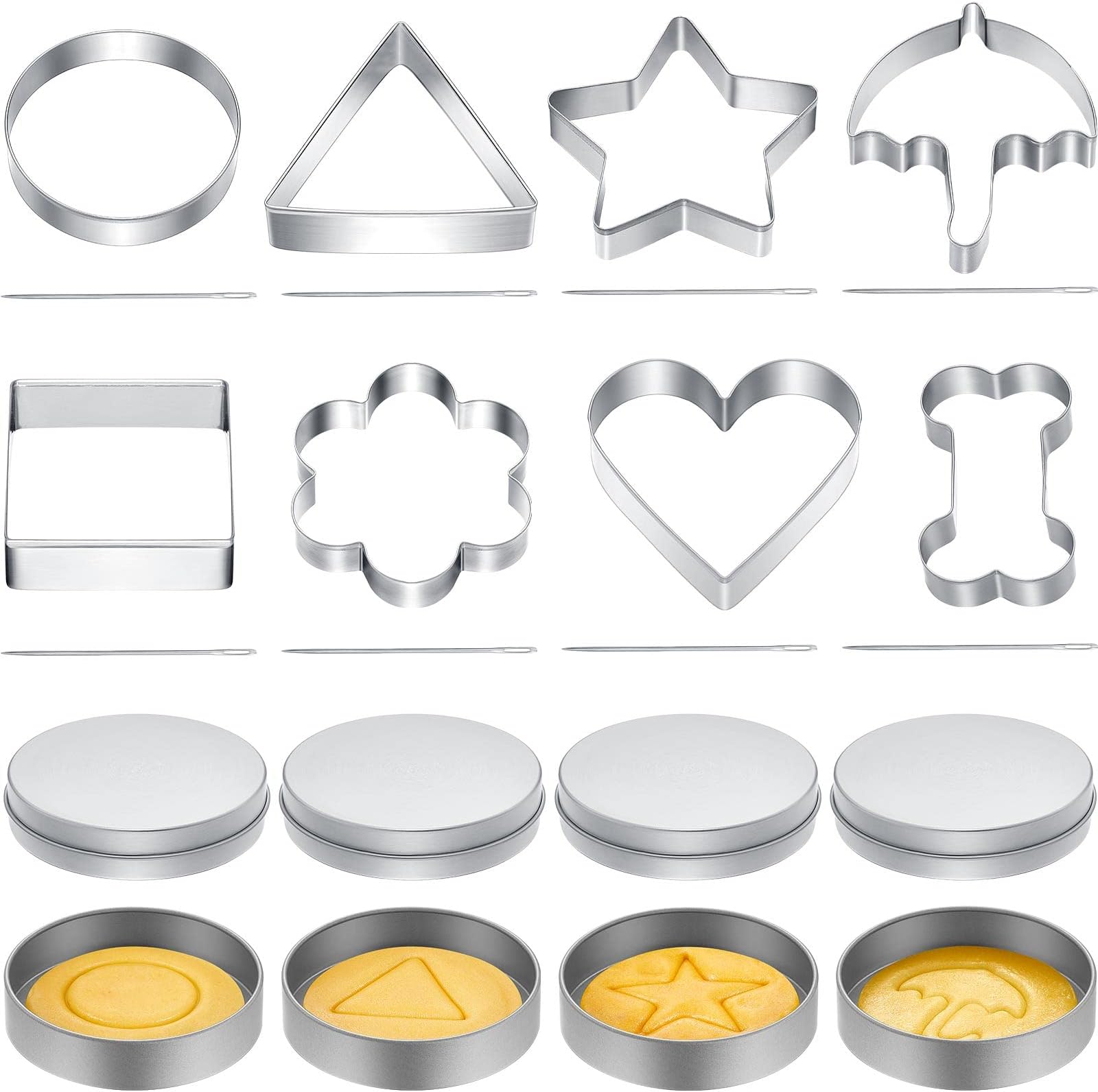 8 Sets Stainless Steel Cookie Cutters Shapes Set, Includes Cookie Candy Cutters Round Storage Tin Can Mini Needles with Geometric Circle Star Heart Triangle Square Umbrella Dog Bone Flower for Family