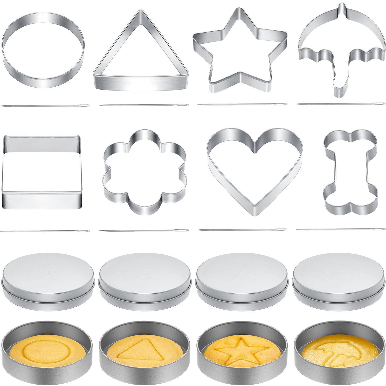 8 Sets Stainless Steel Cookie Cutters Shapes Set, Includes Cookie Candy Cutters Round Storage Tin Can Mini Needles with Geometric Circle Star Heart Triangle Square Umbrella Dog Bone Flower for Family