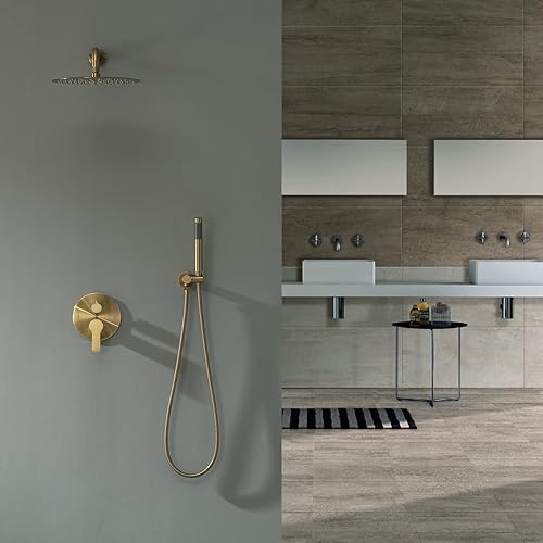 Miniatura 2 de Iriber Sistema de ducha dorado cepillado montado en la pared grifo mezclador con cabezal de ducha de lluvia de 10 pulgadas y mano, kit de molduras